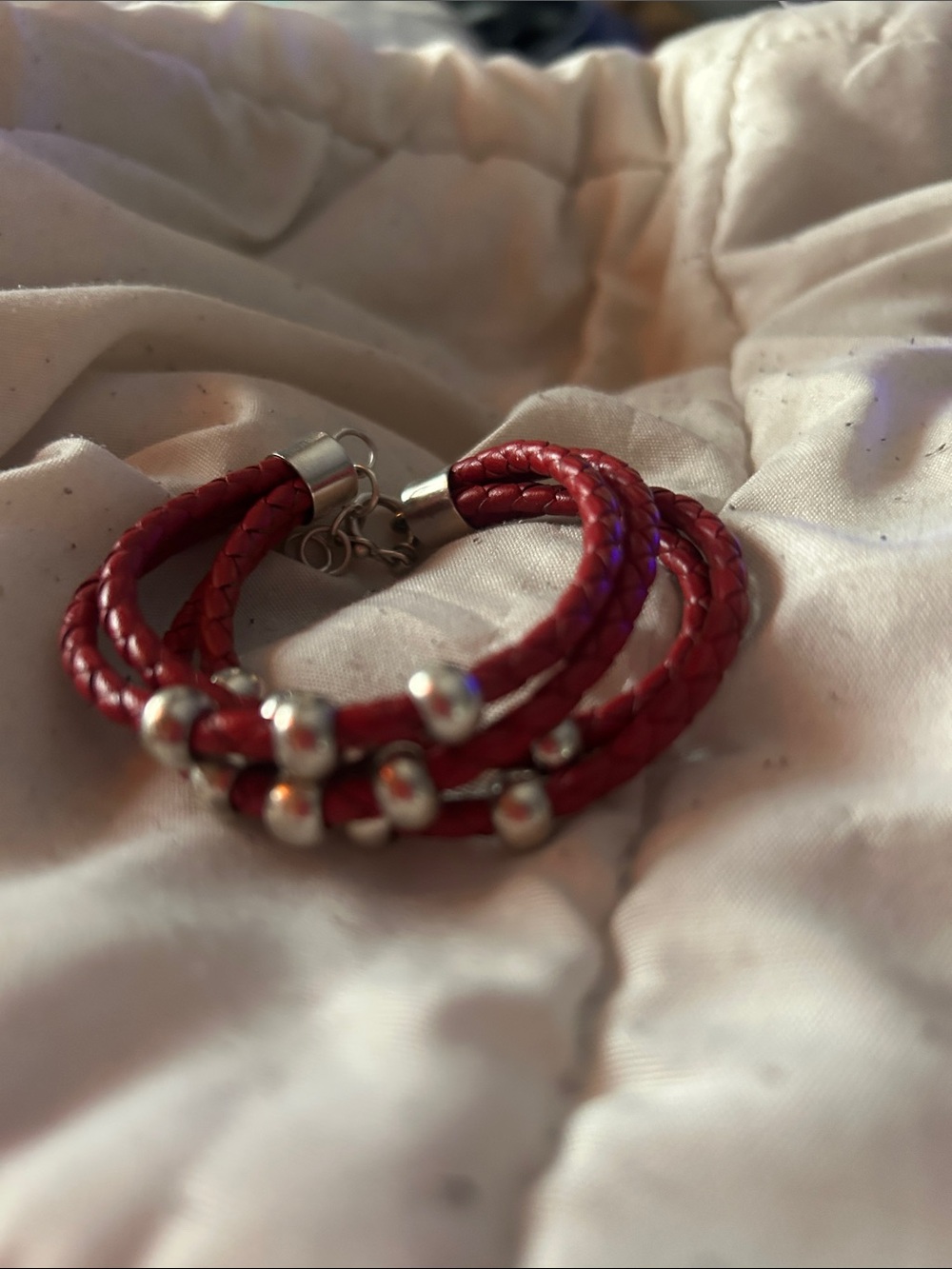 Nice Thai red braided leather with sterling silver beads. Pretty and unusual.